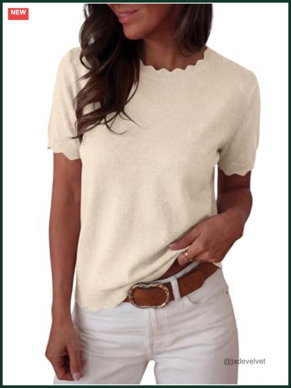 Womens Short Sleeve Wool Blend Sweater Scalloped Loose Pullover Top